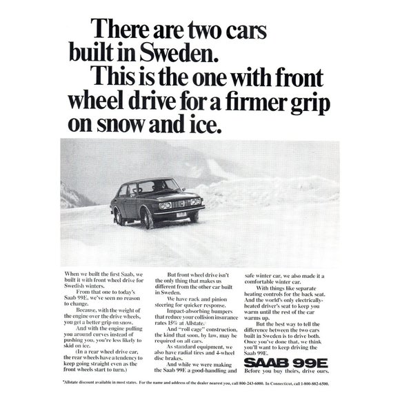 1972 Saab 99E 2 Door Sedan Vintage Print Ad Snow Ice Snowy Road Classic Car Art - Picture 1 of 1